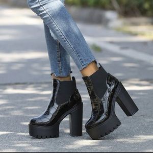 Black heeled ankle boots with mock crocodile skin